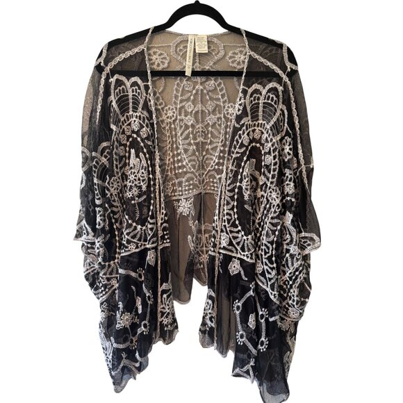 Forgotten Grace 2X Black Kimono Cardigan With White Embroidered Lace Mesh - Picture 1 of 8